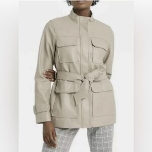 A New Day Anorak Faux Leather Frontier Brown Jacket Coat Full Zip Tie Front NWOT